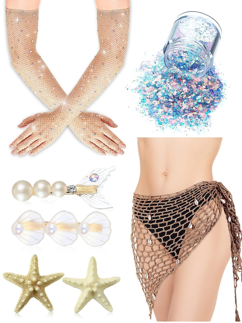 9542 7 Pcs Halloween Mermaid Costume Accessory Includes Swimwear Cover Up